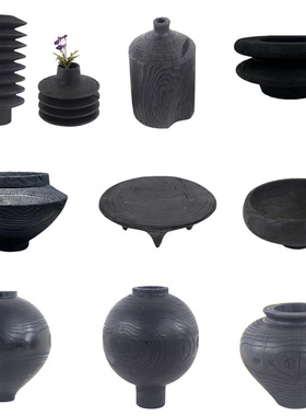 新中式禅意碳化黑色花器花瓶摆件样侘寂风木质小茶盘托盘果盘装饰