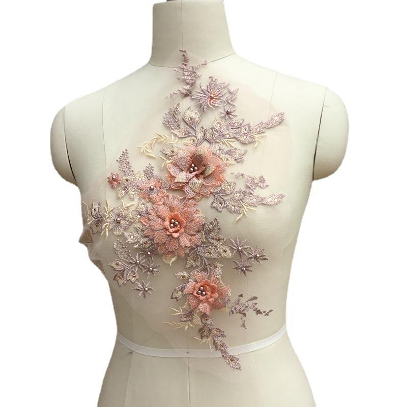 马卡龙色系钉珠烫钻立体蕾丝花贴婚纱礼服童装表演舞台服装辅料花