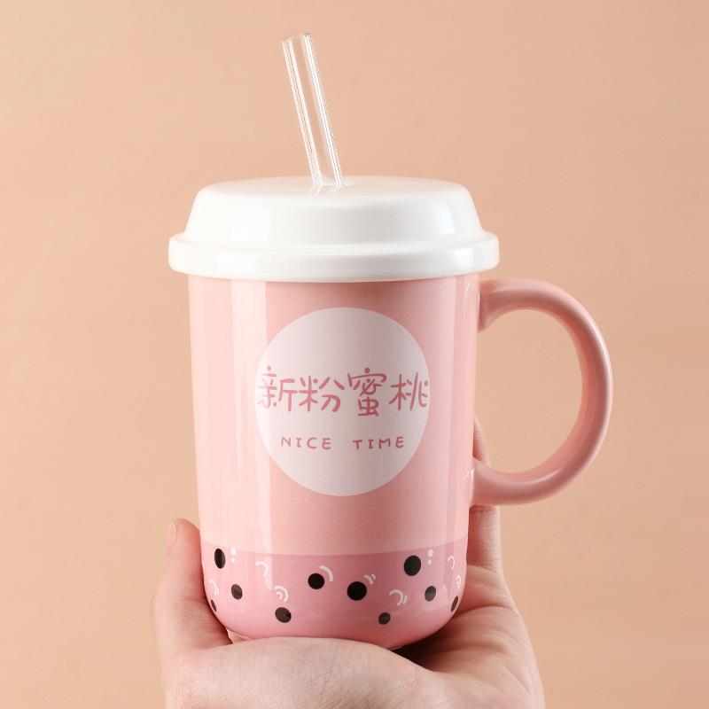 奶茶杯带盖带吸管勺马克杯咖啡杯陶瓷女可爱创意情侣个性一对潮流