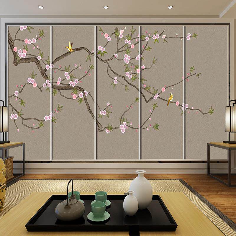梅花软包背景墙床头硬包中式花鸟客厅卧室沙发电视中式花鸟软包