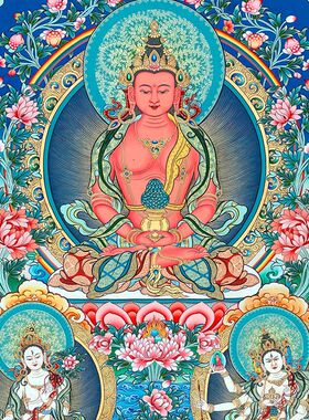 长寿佛长寿三尊唐卡画像西藏热贡客厅玄关壁画背景墙装饰挂画