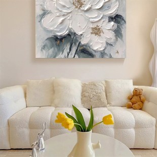 纯手绘油画花卉奶白肌理感客厅装饰画侘寂风走廊过道挂画高级感