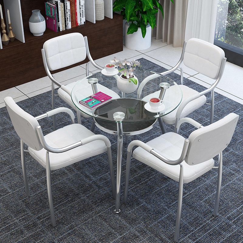 洽谈桌椅组合办公室接待谈判4S店铺钢化玻璃圆形双层吃饭小餐桌子
