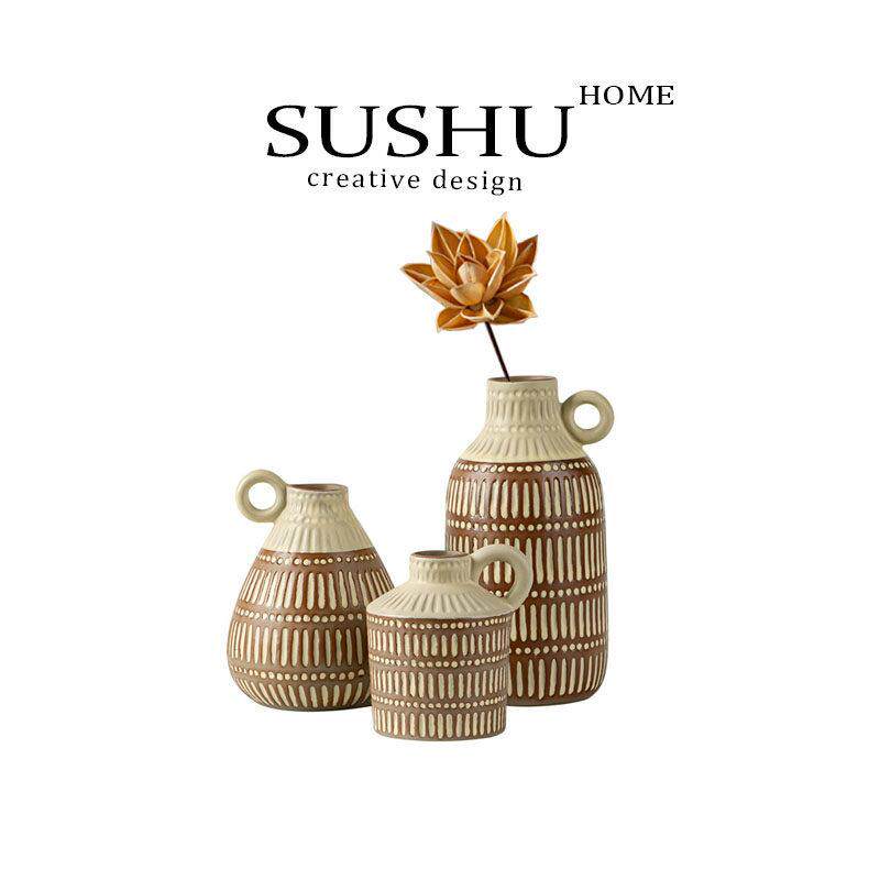SUSHU北欧波西米亚风格手绘带耳朵陶瓷花瓶摆件桌面家居装饰品