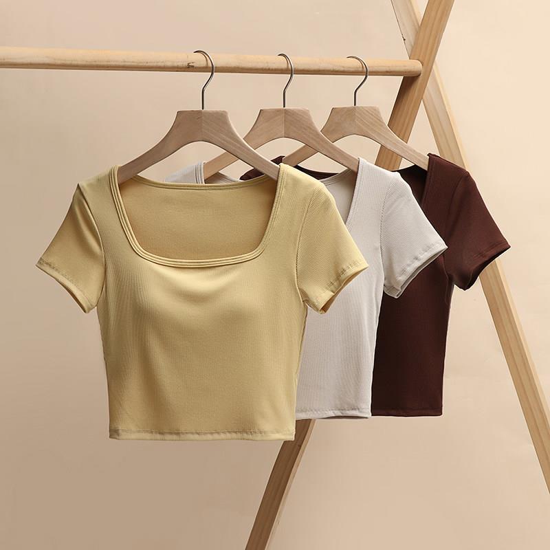 莫代尔法式方领带胸垫柔软针织打底衣打底内搭露脐短袖T恤上衣女