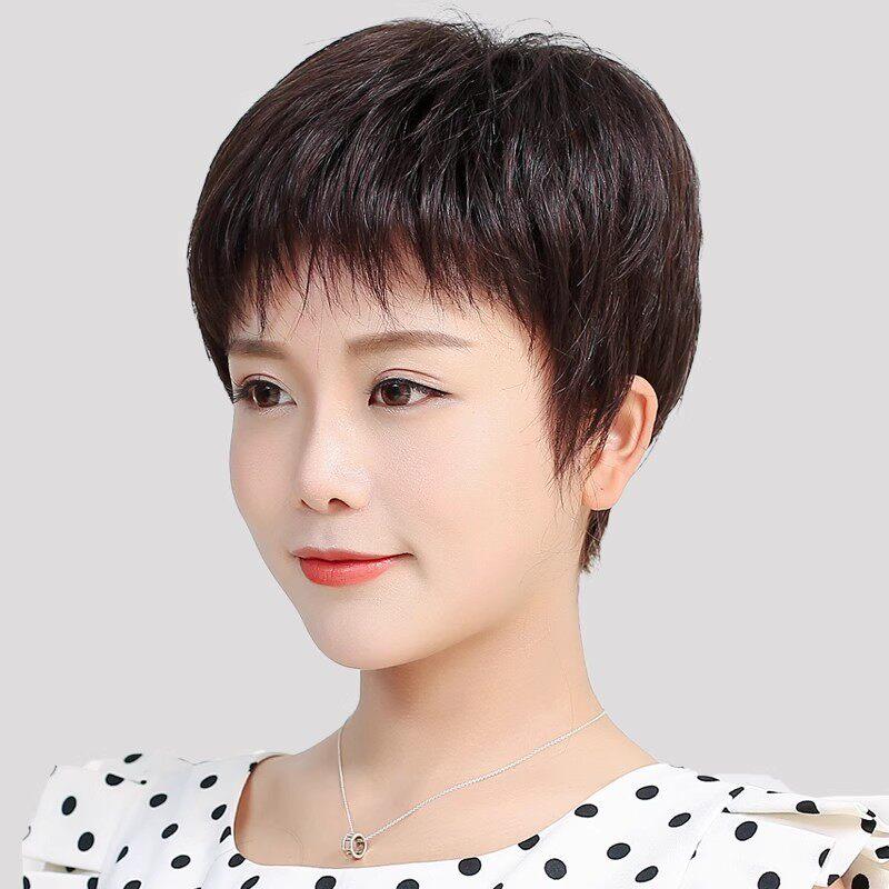 中老年假发女全头套式短发妈妈真发自然真人发丝短卷发日常假发套