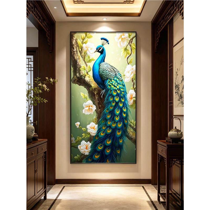 孔雀花开富贵吉祥入户玄关装饰画走廊过道客厅壁画竖版正对门挂画