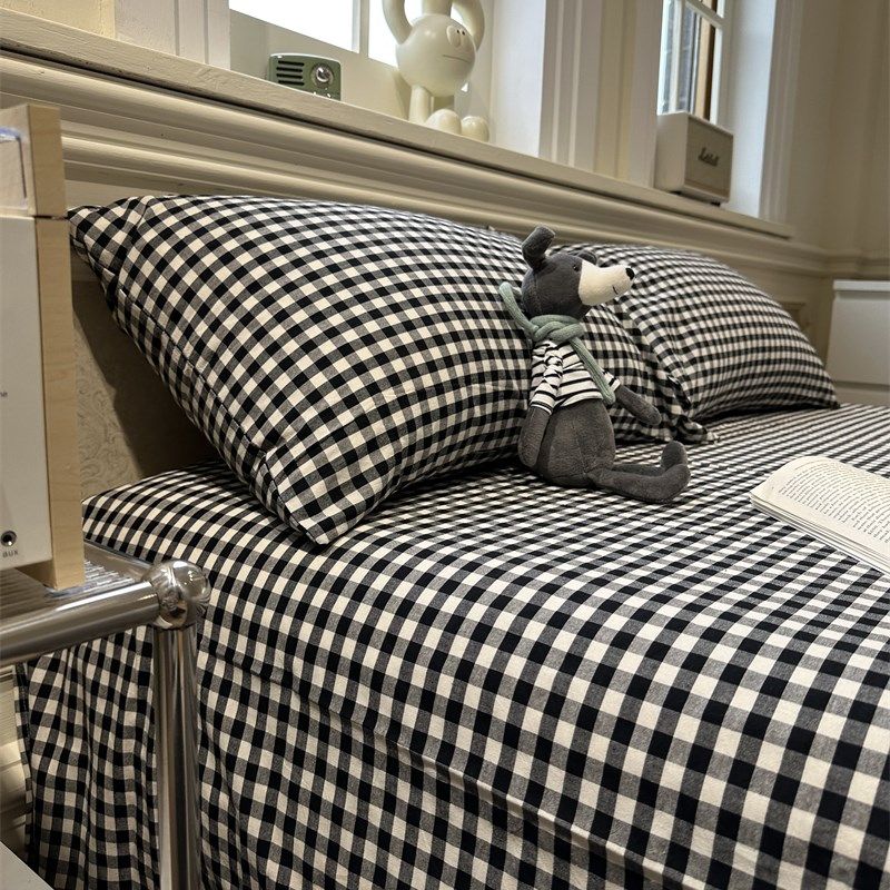 日式简约黑格子纯棉床笠床单单件床垫保护套全棉宿舍床罩学生1.35,床上用品,床单,淘宝优惠券,粉丝福利购,淘宝优惠卷
