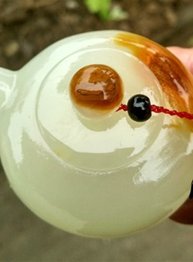 正品天然阿富汗青白玉把把胡茶壶小摆件 玉石玩件手把件茶具茶壶