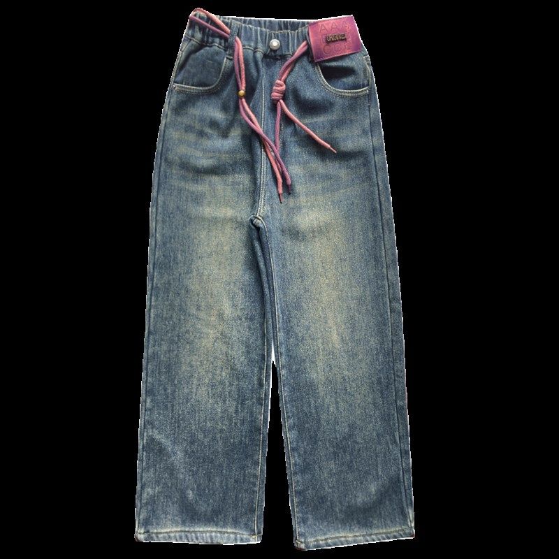 女童加绒牛仔裤秋冬款2023新款儿童加厚直筒长裤女大童冬季阔腿裤