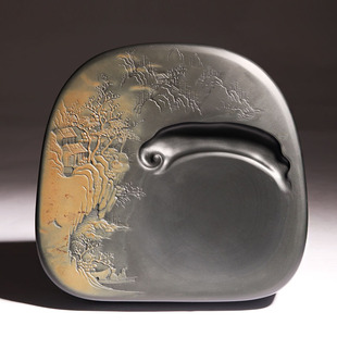 非遗安徽孤品歙砚/高档手工薄意雕山水砚台/金晕原石籽料大墨池/