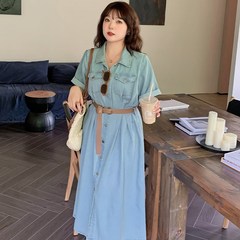 微胖女生连衣裙子大码衬衫领夏季单排扣撞色设计感休闲长款牛仔裙