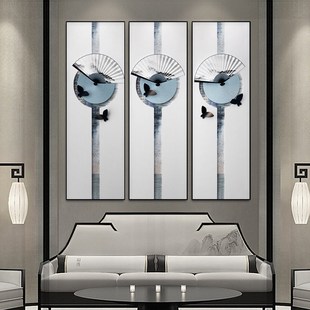 新中式竖幅装饰画扇之韵书房壁画竖向古韵挂画三联大堂样板间覆古