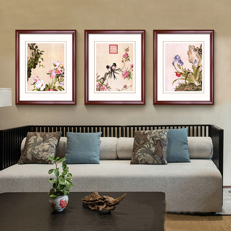 郎世宁装饰画花鸟工笔新中式客厅三联画沙发后面的背景墙餐厅挂画