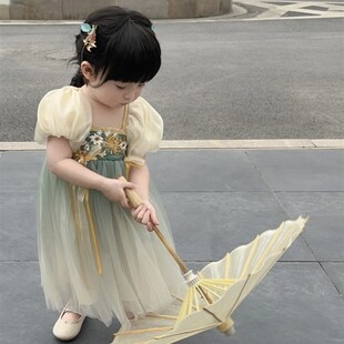 莫奈油画国风公主裙女童汉服法式浪漫改良中国风女小女孩短袖夏季