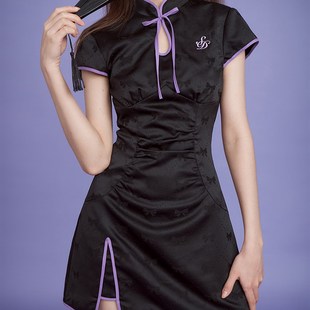 SagiDolls少女斗志 新中式黑色蝴蝶结肌理面料镂空旗袍连衣裙甜辣