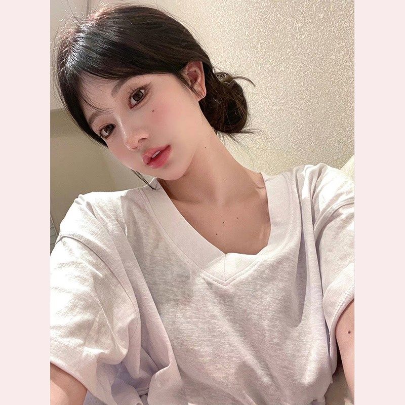 【TiTi美少女】V领短袖微透t恤女薄款夏2025新款大码宽松遮肚上衣,女装/女士精品,真丝上装,淘宝优惠券,粉丝福利购,淘宝优惠卷