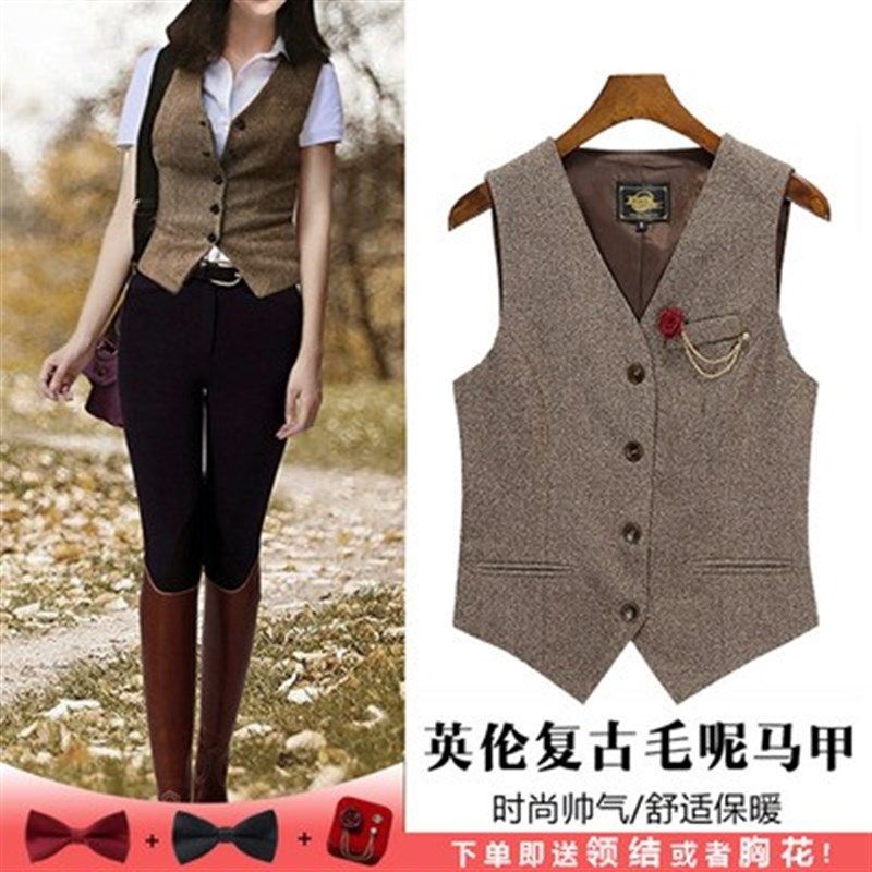 英伦风秋冬时尚马甲女外穿百搭复古女生毛呢短款休闲大码马夹背心