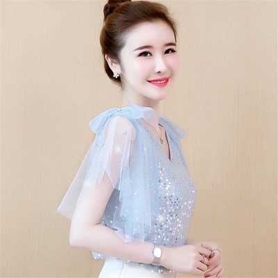 洋气短袖蕾丝拼接雪纺衫女夏装2025夏季新款亮片漂亮小衫露肩上衣