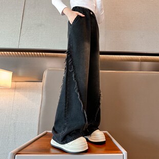 女童牛仔裤春秋款2024新款黑色儿童秋装女孩初中生阔腿裤子中大童
