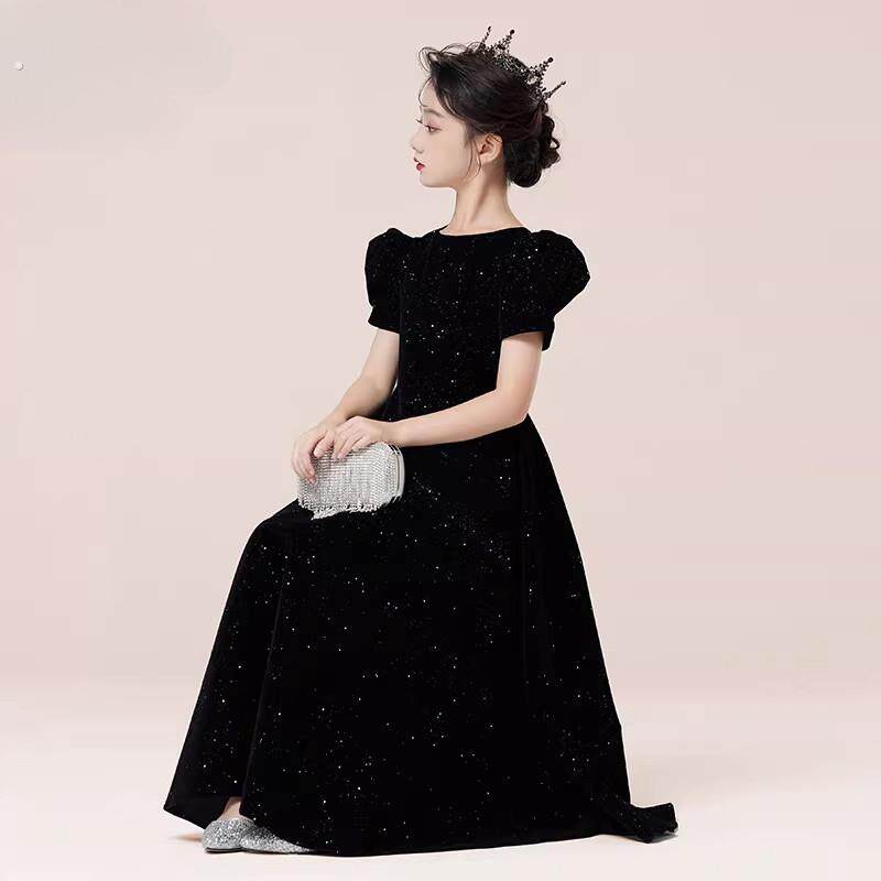 少女大童钢琴小提琴演奏主持人合唱团体演出礼服丝绒泡泡袖公主裙