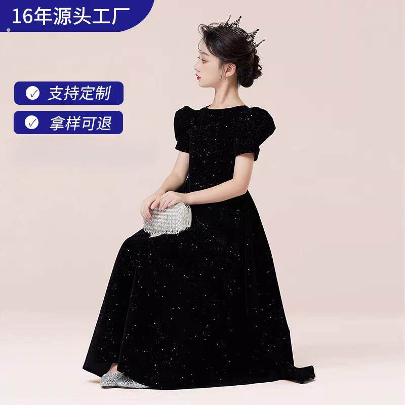 少女大童钢琴小提琴演奏主持人合唱团体演出礼服丝绒泡泡袖公主裙