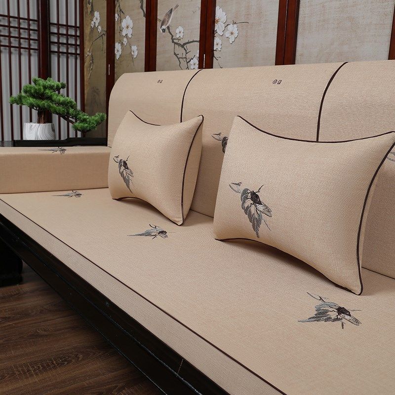 红木沙发坐垫棉麻中式实木家具罗汉床沙发垫子带靠背高档防滑定做