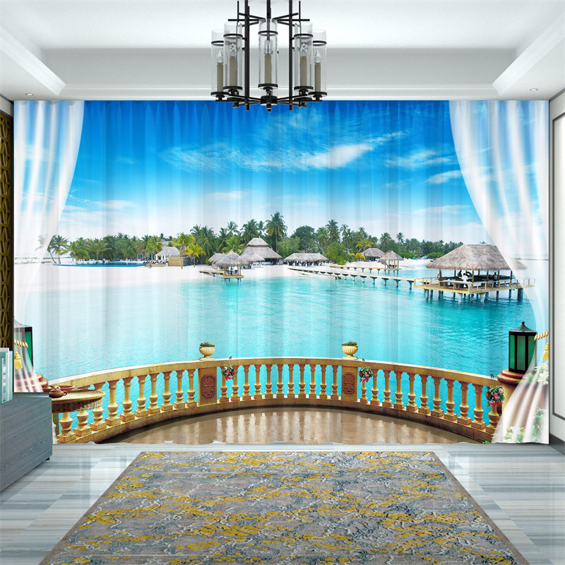 3D地中海大海洋椰树海鸥窗帘沙滩海景风景画儿童房客厅卧室飘窗纱