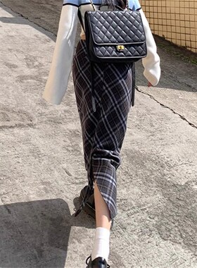 复古高腰格子毛呢半身裙春秋黑灰色格纹a字裙大码显瘦直筒中长裙
