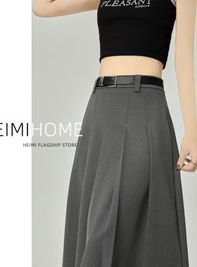 黑色百褶裙女夏薄款小个子学院风中长裙高腰显瘦a字西装半身裙潮