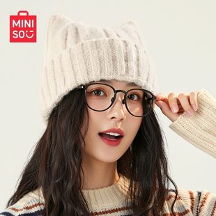 MINISO名创优品猫耳毛线帽可爱女帽子秋冬包头保暖护耳毛绒针织帽