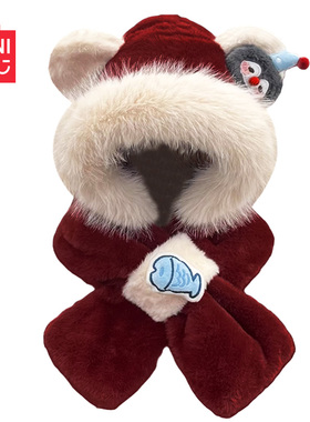 MINISO名创优品红色可爱毛绒帽子围巾一体女冬季保暖防寒显脸小