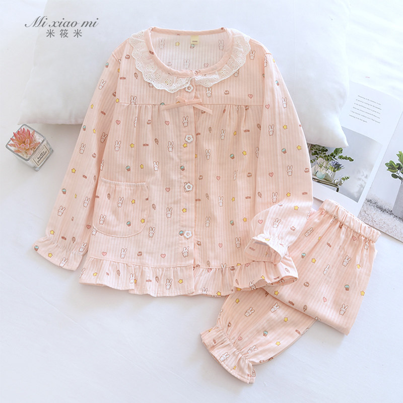 米筱米春夏儿童纯棉纱布薄款长袖睡衣套女童卡通家居服亲子空调服