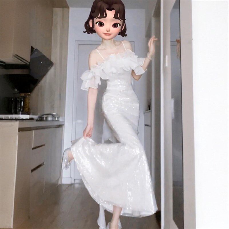 法式一字肩吊带鱼尾设计感晚礼服裙亮片主持人年会连衣裙高端长裙