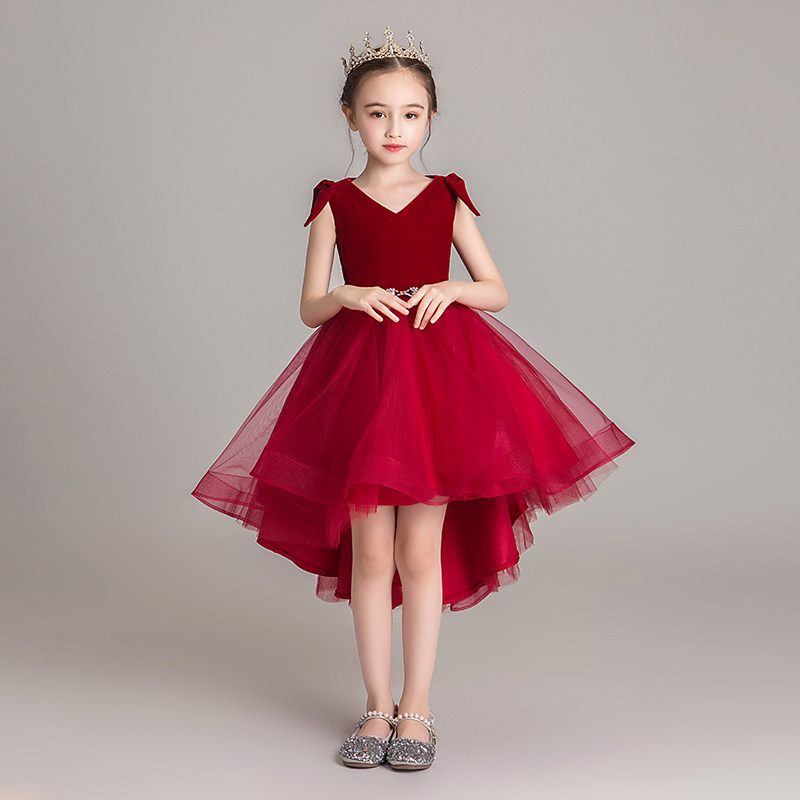 女童模特走秀礼服公主裙前短后长红色小女孩主持人儿童钢琴演出服