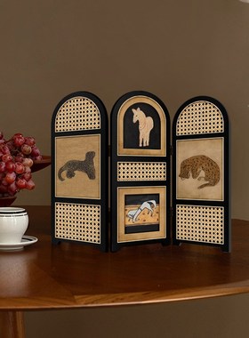 中古风桌面装饰摆件复古金钱豹装饰画电视柜玄关柜边柜屏风小摆画