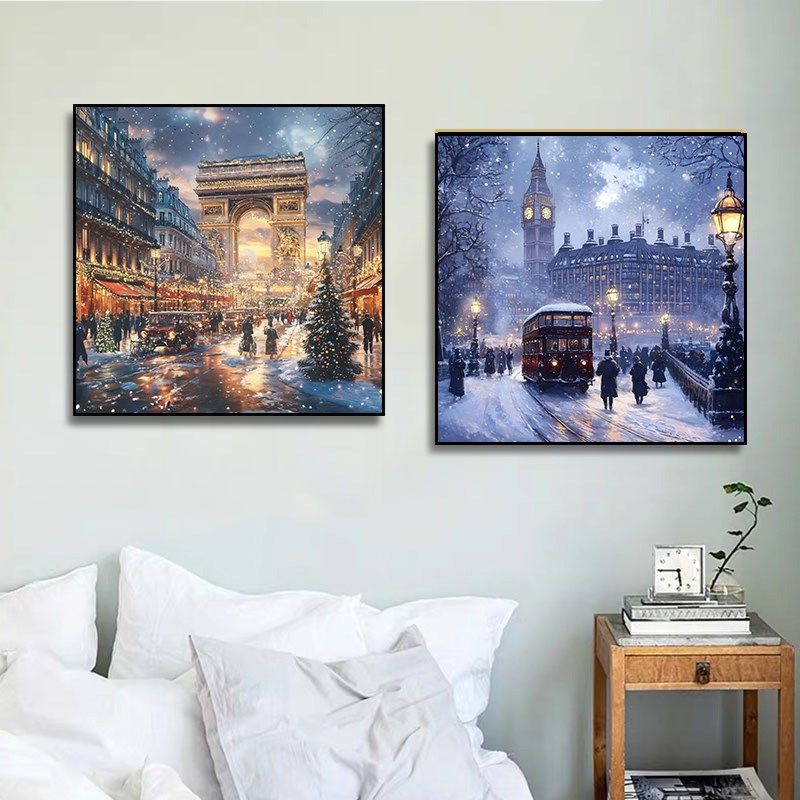 巴黎冬景挂画欧式名胜建筑氛围感城市夜景海报油画卧室床头装饰画