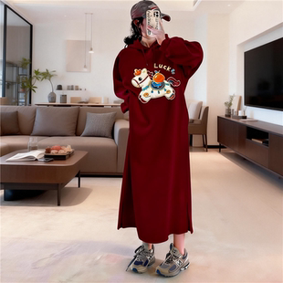 孕妇装跨年长款纯棉连帽卫衣裙秋冬新款宽松百搭开叉新年连衣裙