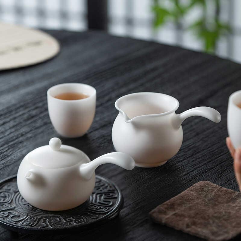 德化冰种羊脂玉瓷素烧迷你小侧把壶侧把公道杯家用泡茶壶茶具套组