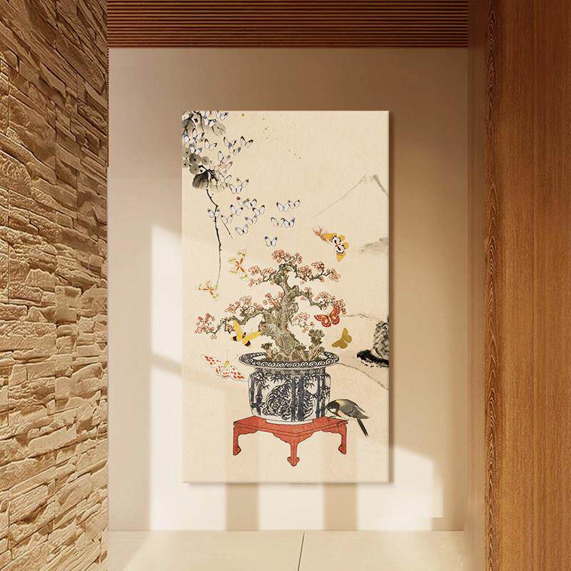 宋代美学蝴蝶花鸟图挂画软装饰品茶室迎客松客厅玄关中式落地摆件