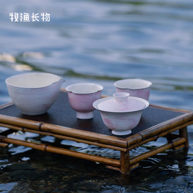 牧渔粉色糊糊景德镇盖碗全手工薄胎套装复古粗陶土陶瓷茶具茶碗