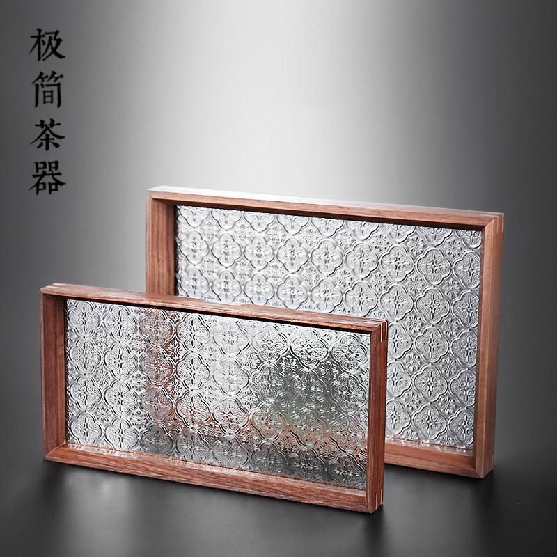胡桃木实木复古海棠花托盘长方形盘子甜品糕点心盘茶盘玻璃盘家用