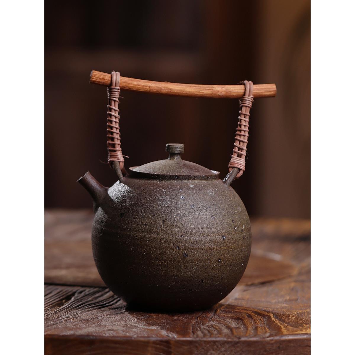 景德镇老岩泥茶壶纯手工粗陶水壶藤柄提梁茶壶炭火泡茶