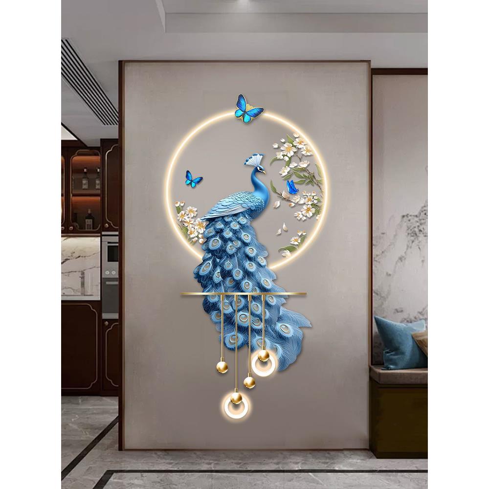 孔雀玄关装饰画高级感立体LED壁灯新中式入户走廊过道挂画2025新