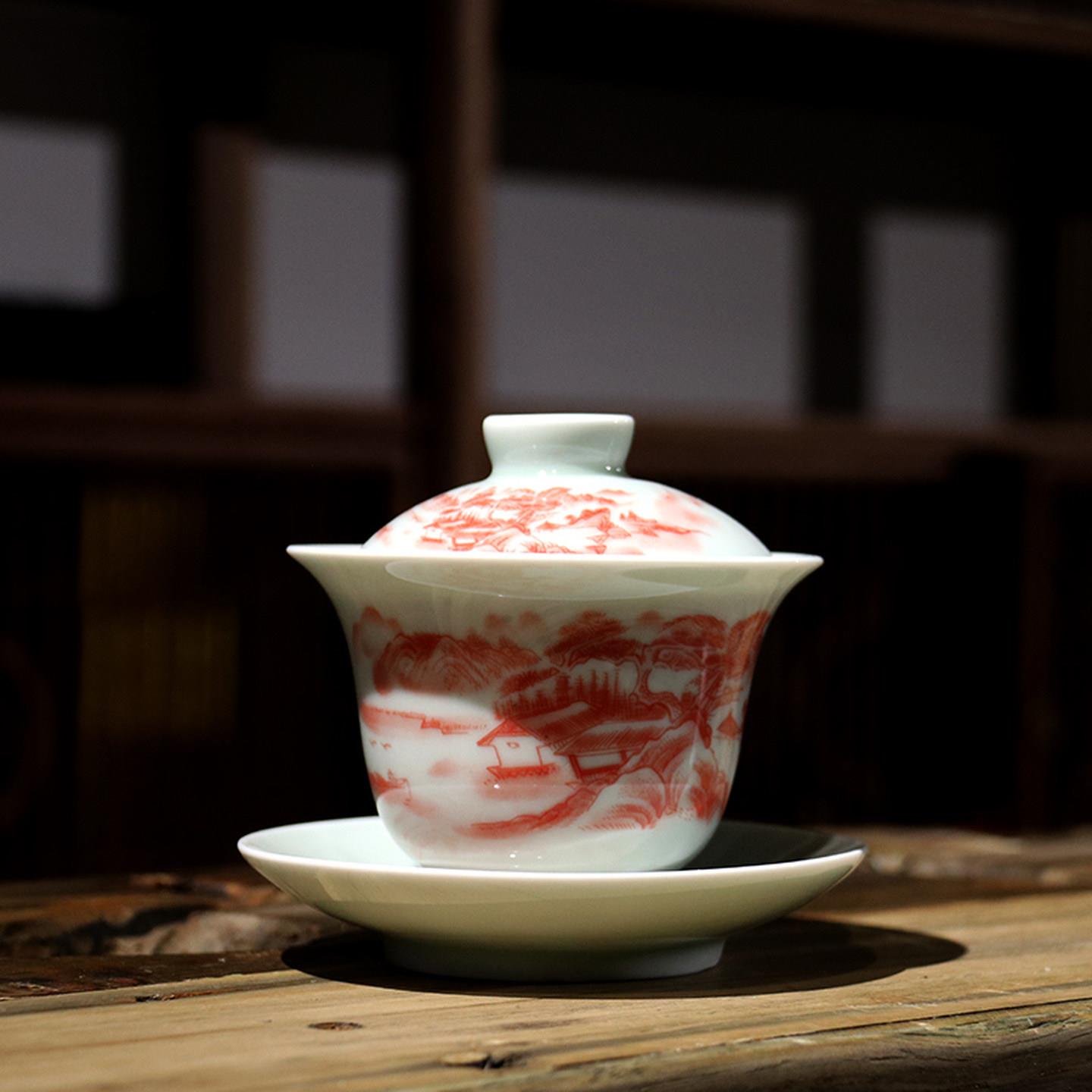 陶瓷茶碗三才盖碗茶杯单个大号带盖子复古功夫茶具青花瓷玲珑白瓷图片