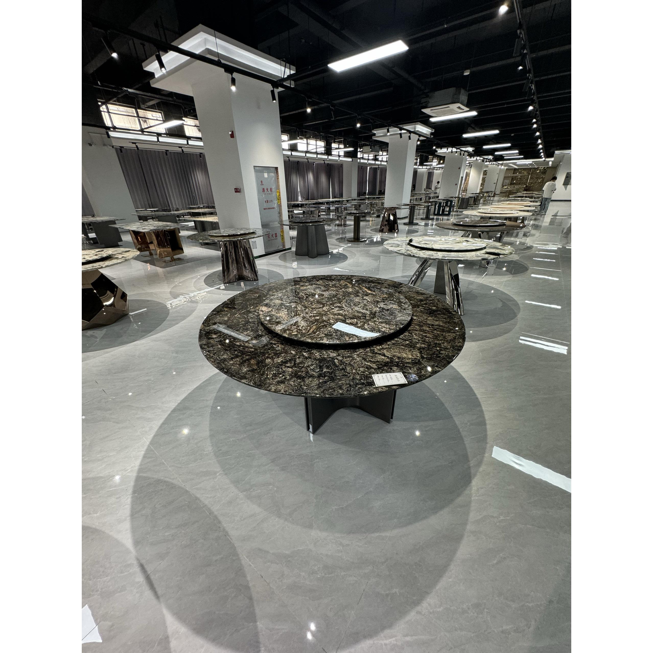 铂金钻餐桌圆形餐桌奢石台面天然大理石高光石材家用高端定制饭桌