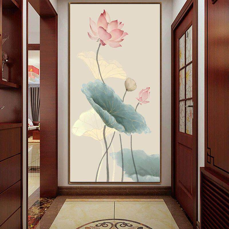 3d立体荷花入户玄关壁纸过道古典装饰壁画新中式竖版走廊自粘壁纸
