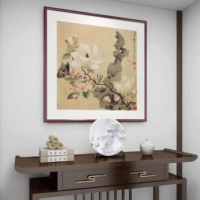 斗方国画花鸟挂画新中式玄关装饰画餐厅客厅墙画陈洪绶玉堂柱石图