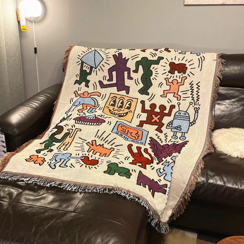 Keith haring涂鸦沙发毯露营复古装饰挂毯盖毯床毯毛毯针织毯挂布