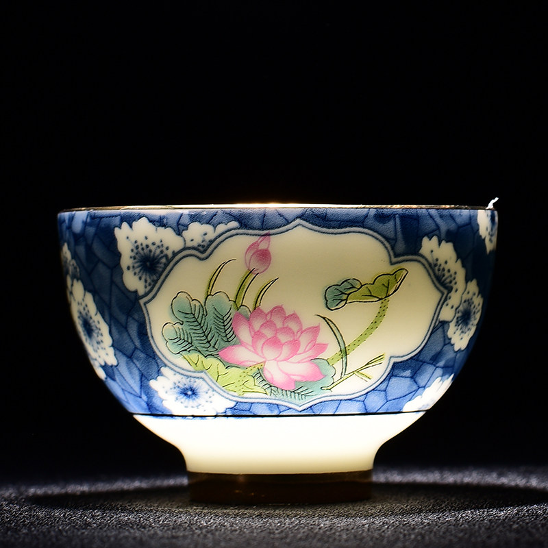 青花瓷家用防烫喝茶杯功夫茶杯小单杯品茶杯单个主人杯陶瓷品茗杯
